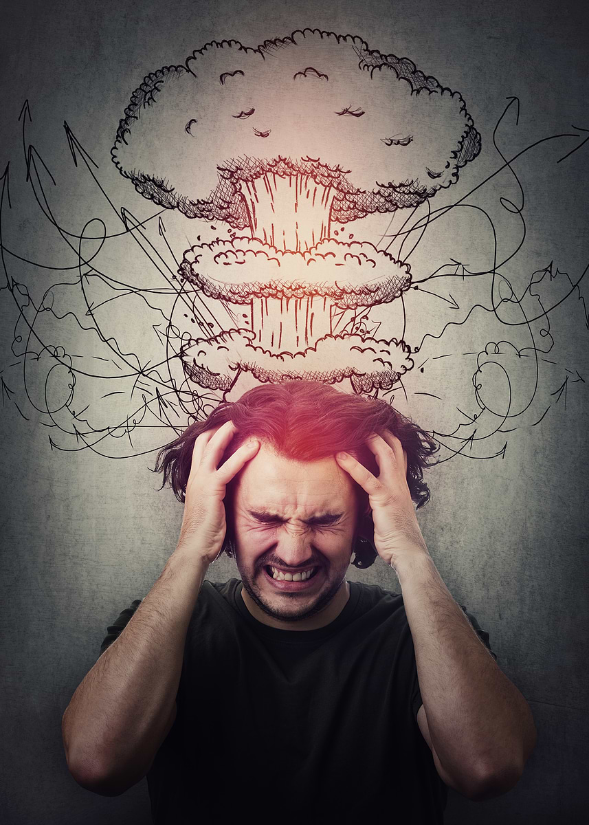 'Stressed Man with Explosion Drawing' Poster, picture, metal print ...