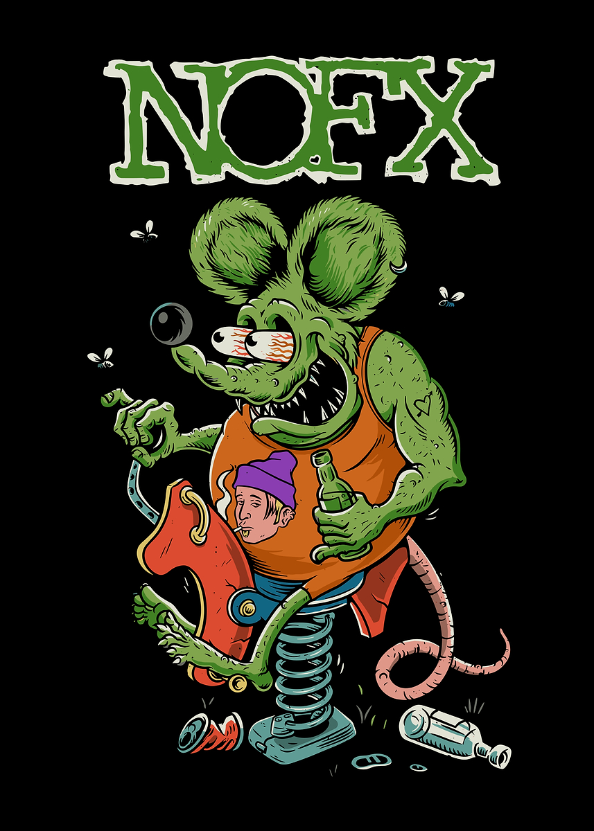 'NOFX cartoon rat on spring rider' Poster, picture, metal print, paint ...