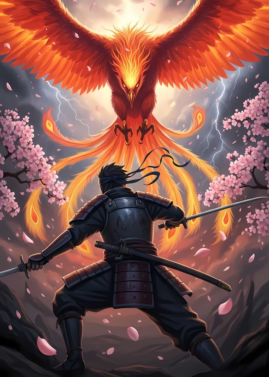 'Samurai vs Phoenix: Epic Battle Scene' Poster, picture, metal print ...