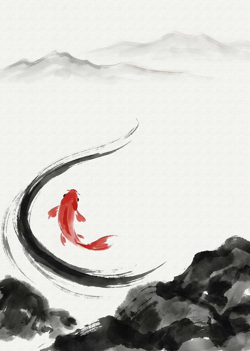'Red Fish in Ink Landscape' Poster, picture, metal print, paint by ...