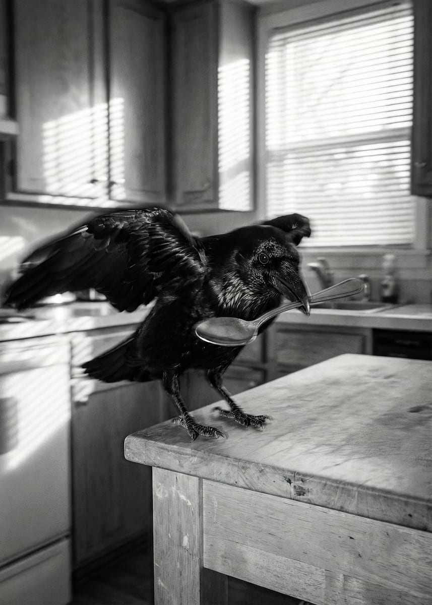 Raven Using Stick For Food 'Raven with Spoon in Kitchen' Poster, picture, metal print, paint by ...