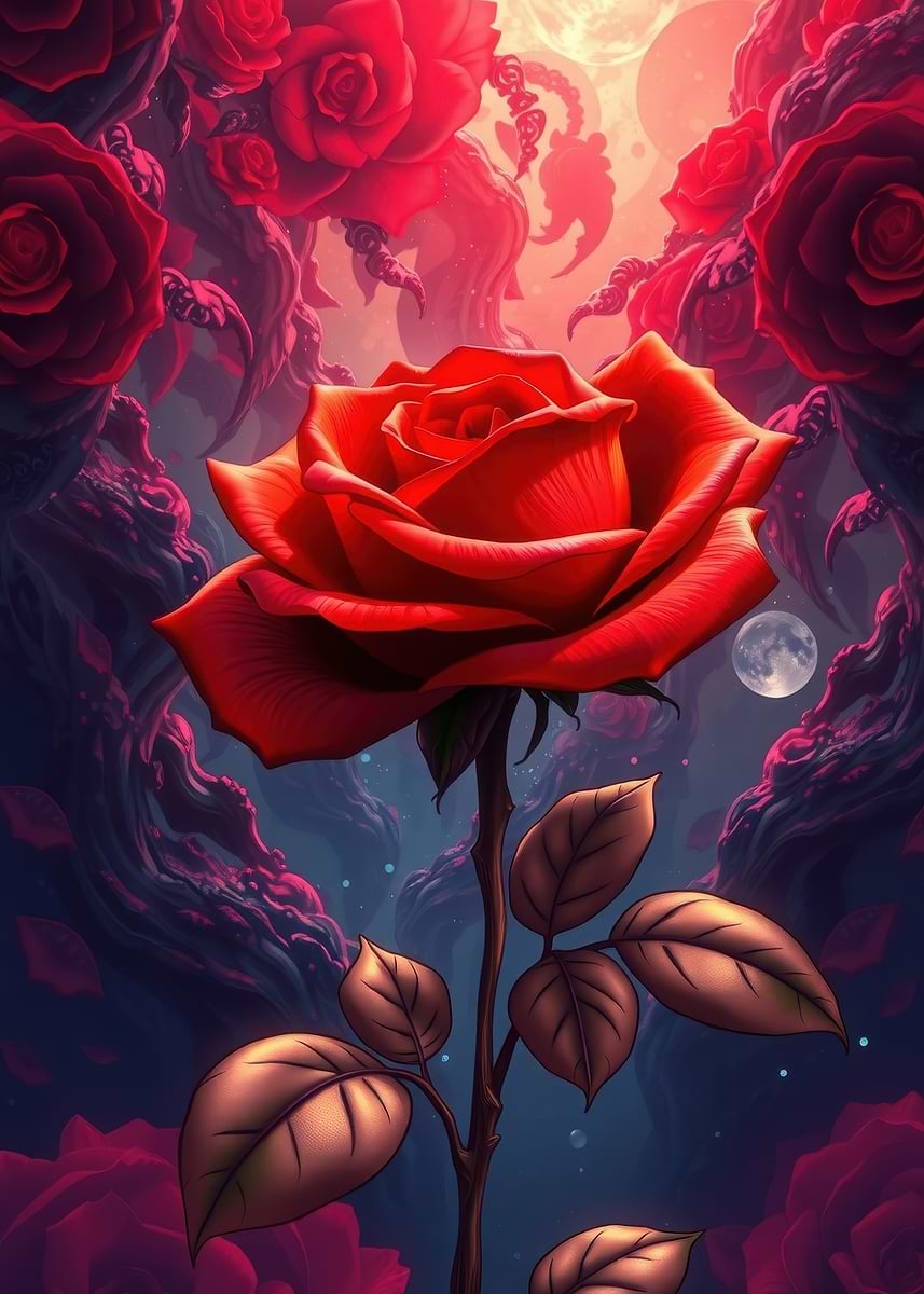 Fantasy Library Art Roses 'Red Roses Fantasy Landscape' Poster, picture, metal print, paint by ...
