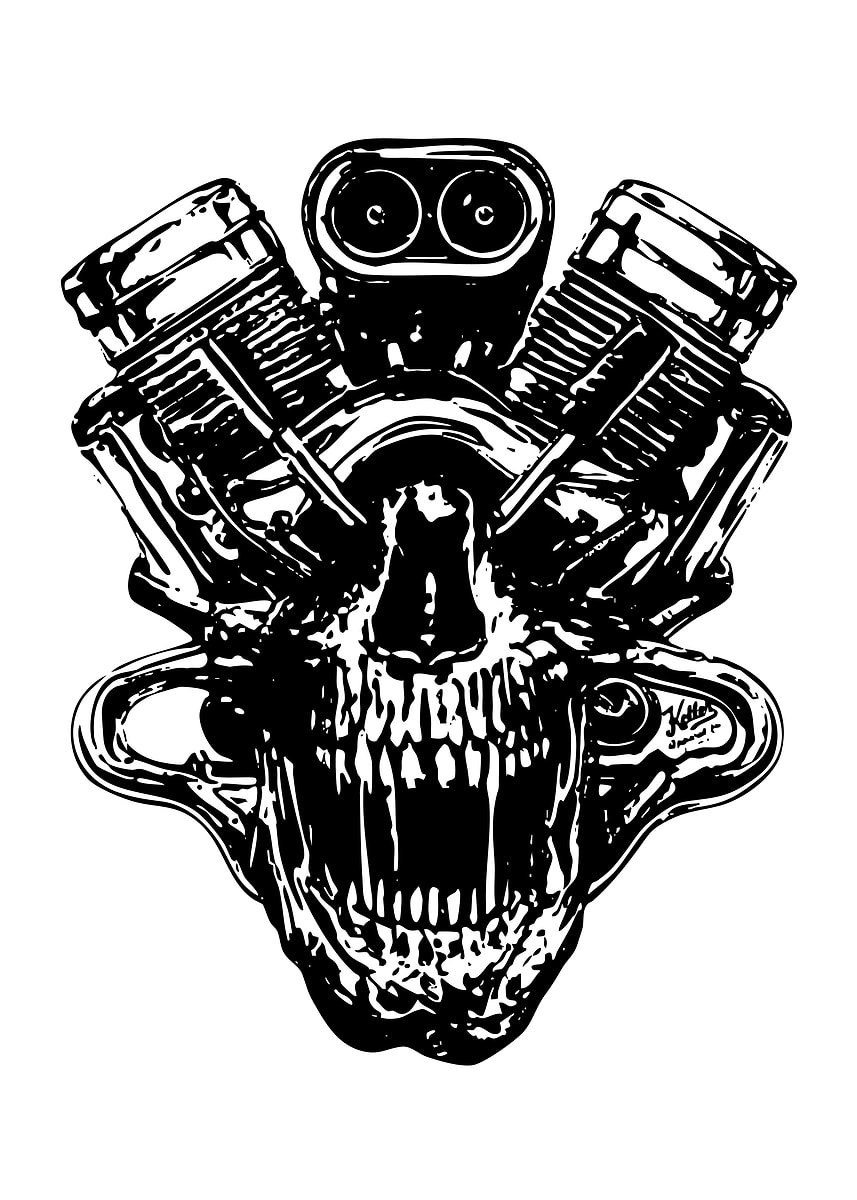 'Skull Engine Black and White Illustration' Poster, picture, metal ...
