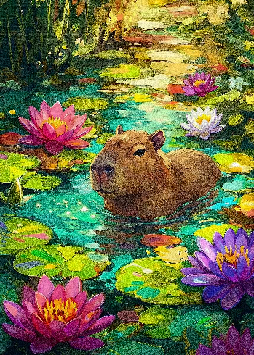 Capybara in Lily Pond Painting' Poster, picture, metal print