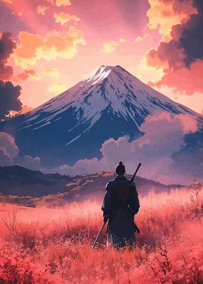 Samurai and Mount Fuji Landscape' Poster, picture, metal print