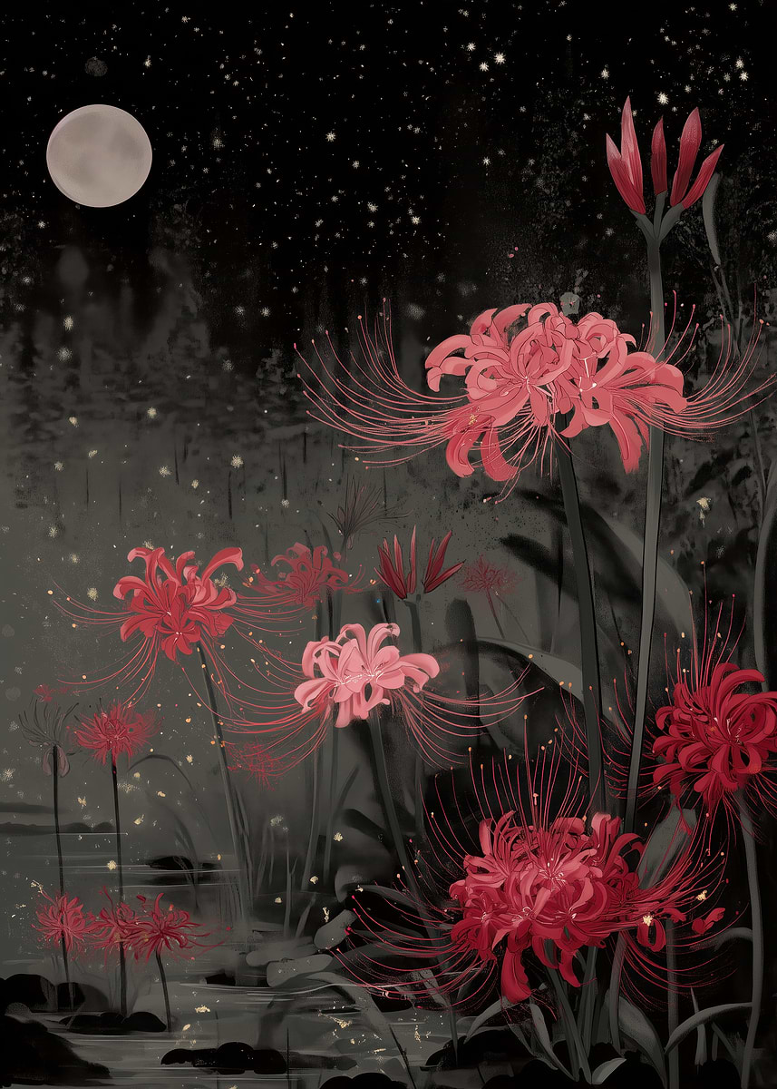 Red Spider Lilies under Moonlight' Poster, picture, metal print, paint by  PixelRanni | Displate