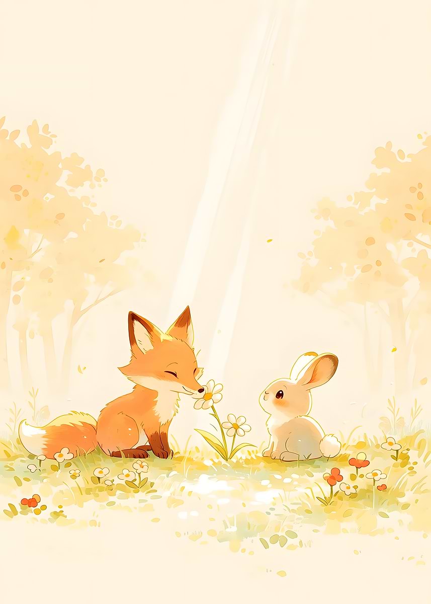 'Fox and Rabbit with Daisy' Poster, picture, metal print, paint by ...