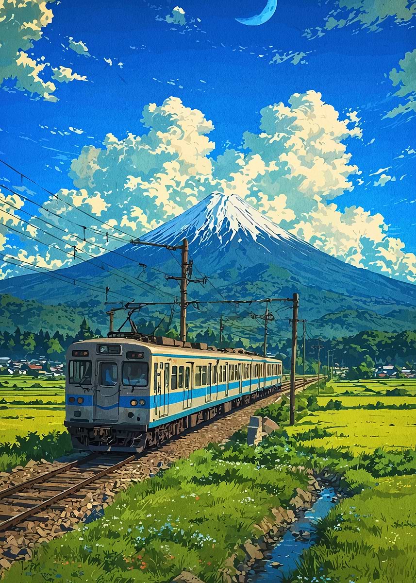 Japanese Train with Mount Fuji Backdrop' Poster, picture, metal