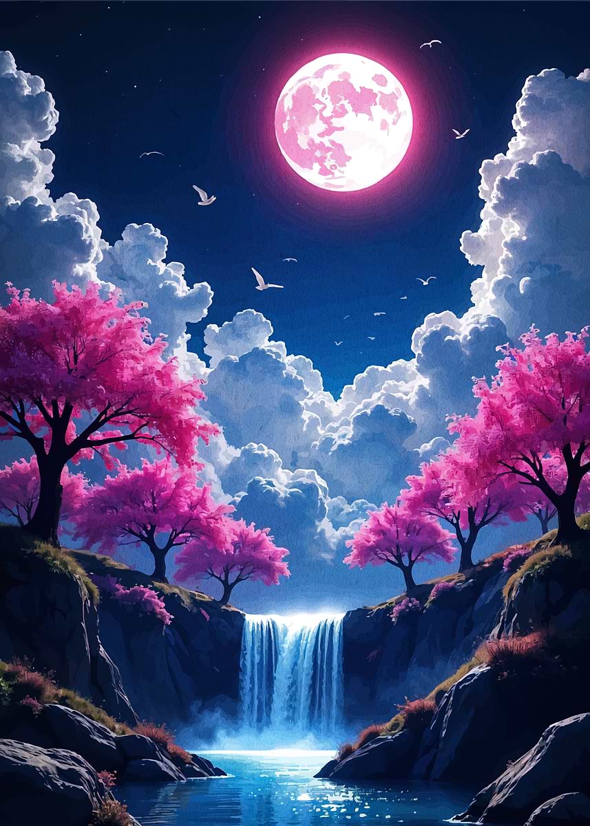 Pink Moon Waterfall Landscape' Poster, picture, metal print, paint