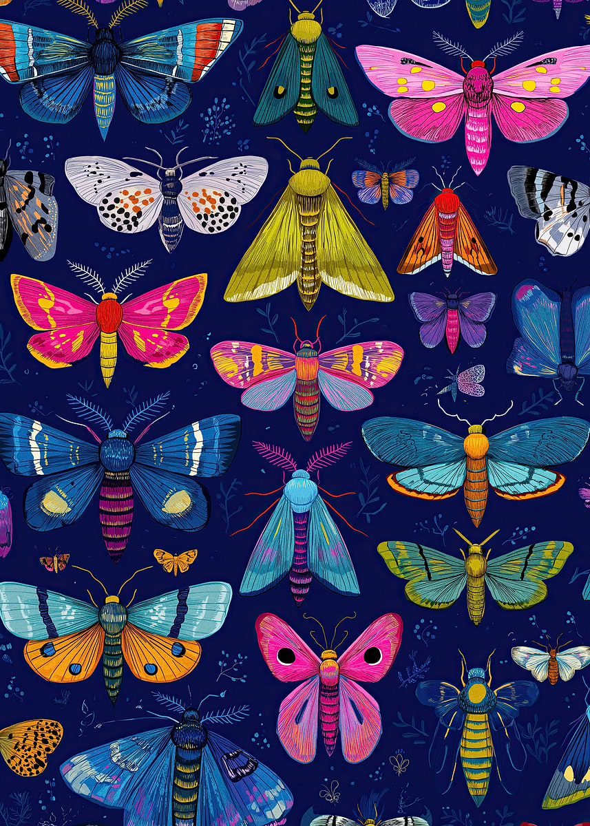 'Colorful Moth Pattern on Dark Blue' Poster, picture, metal print ...