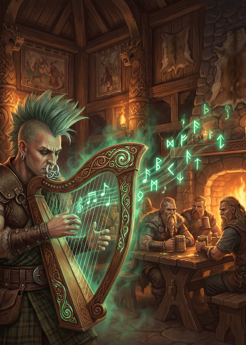 'Fantasy Bard Playing Harp in Tavern' Poster, picture, metal print ...