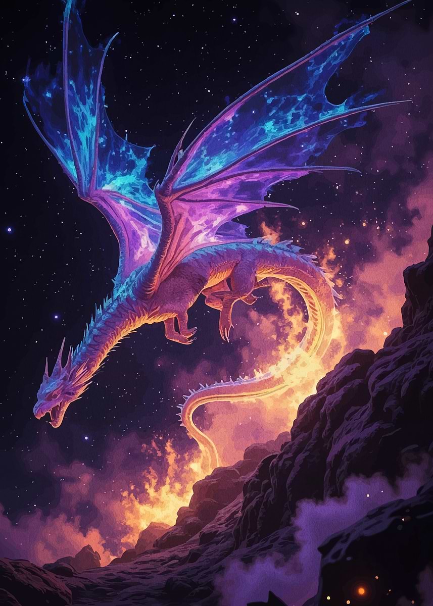 Majestic Dragon Soaring Above Fiery Landscape' Poster, picture
