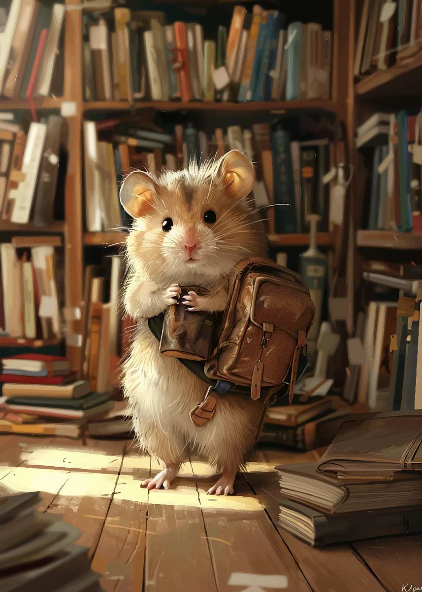 'Hamster with Backpack in Library' Poster, picture, metal print, paint ...