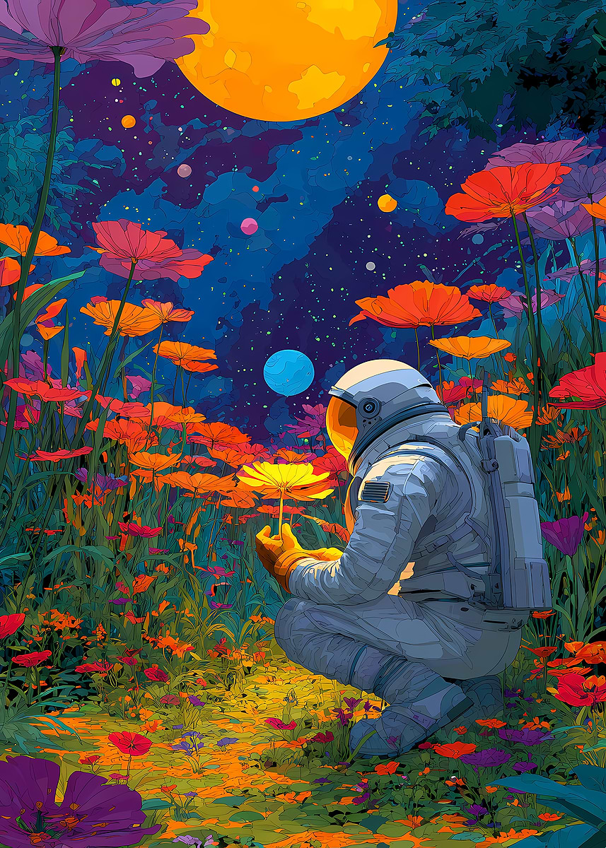 Astronaut in Floral Space Garden' Poster, picture, metal print