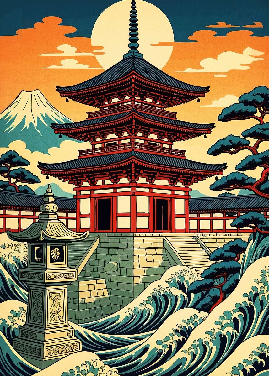 Japanese Pagoda with Mount Fuji' Poster, picture, metal print