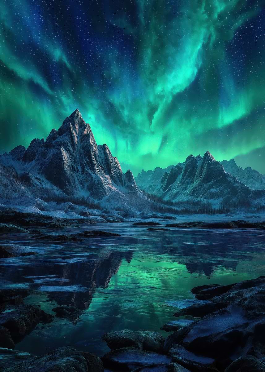 Aurora Borealis over Snowy Mountains' Poster, picture, metal print