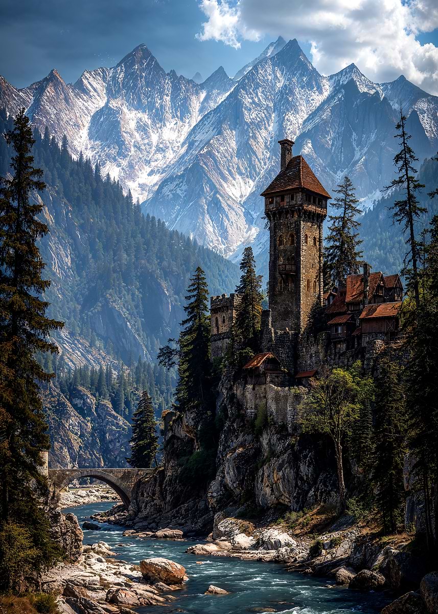 Watchtower of the River Crown — from the Forgotten Fantasy Realms collection, a Pixaverse metal print