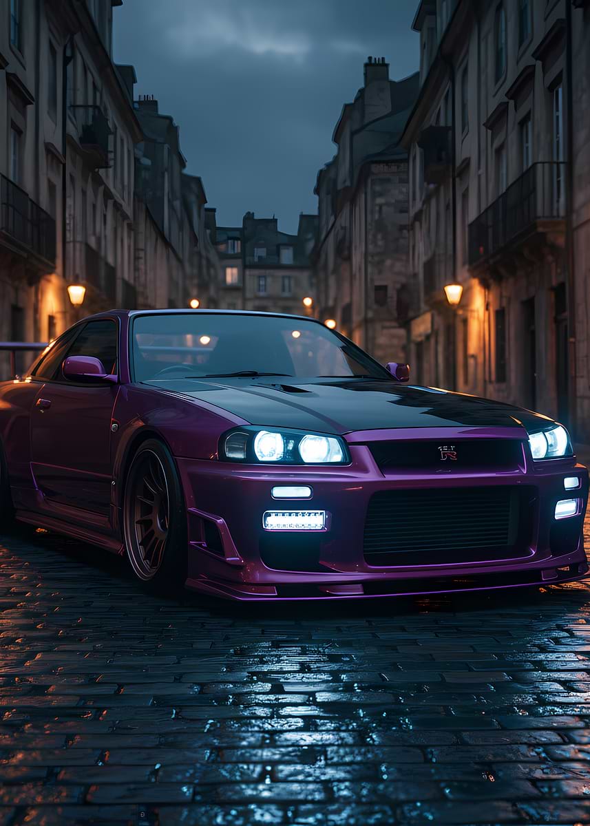 'Purple Nissan Skyline GT-R R34 at Night' Poster, picture, metal print ...