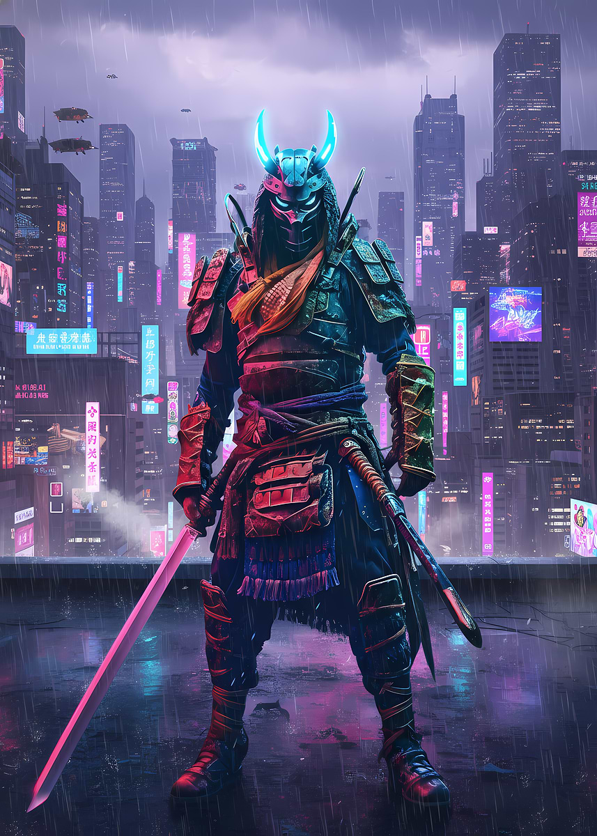 'Cyberpunk Samurai in Neon City' Poster, picture, metal print, paint by ...