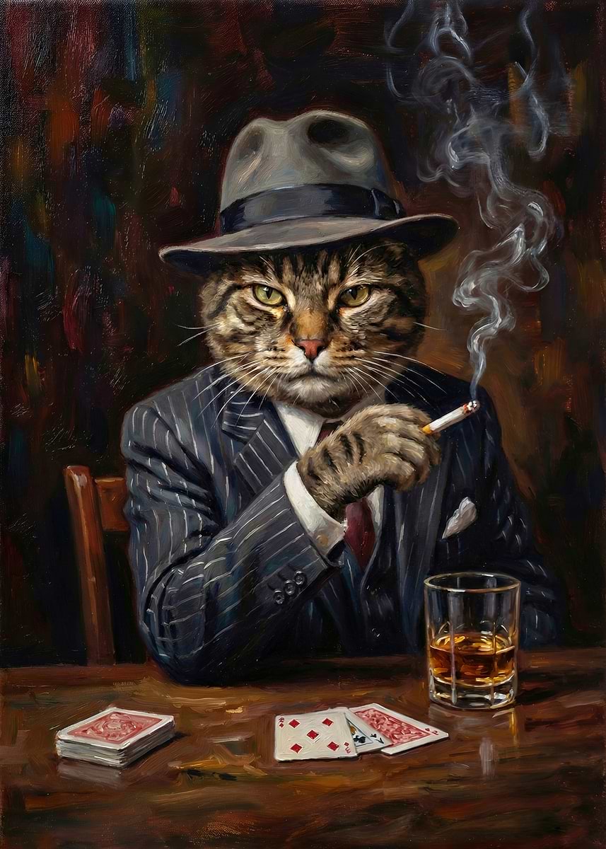 Cat in a Hat Smoking and Playing Cards' Poster, picture, metal