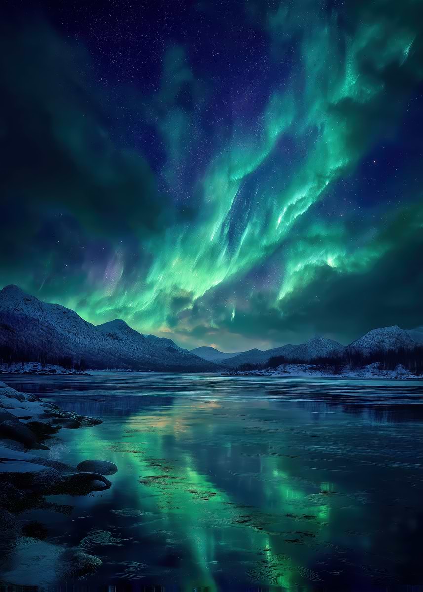 Aurora Borealis Over Icy Landscape' Poster, picture, metal print