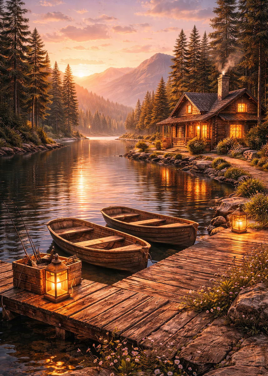 'Cozy Cabin by a Serene Lake at Sunset' Poster, picture, metal print ...