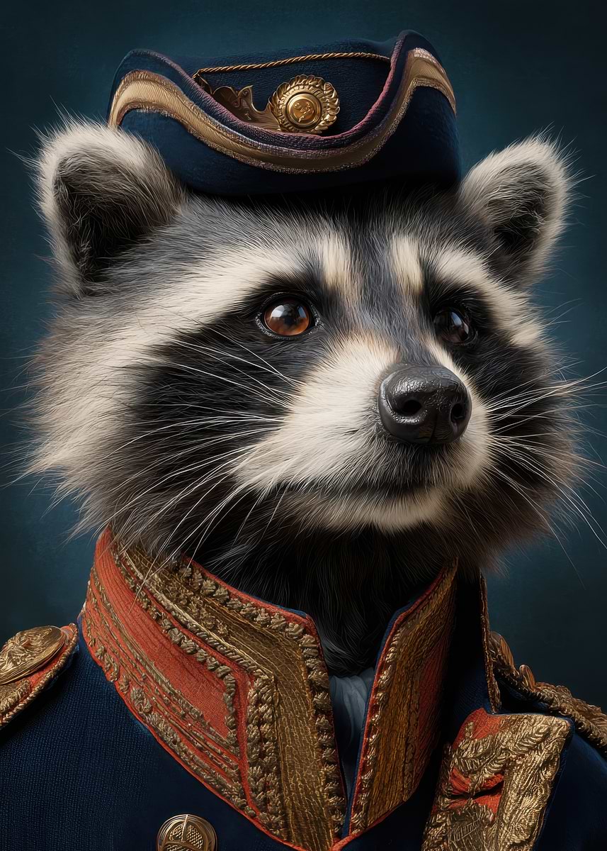 'Raccoon in Military Uniform' Poster, picture, metal print, paint by ...