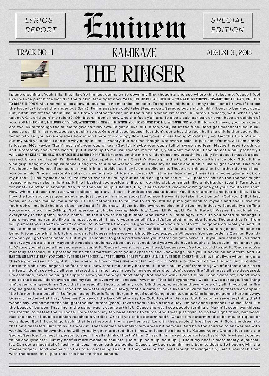 'Eminem The Ringer Newspaper' Poster, picture, metal print, paint by ...