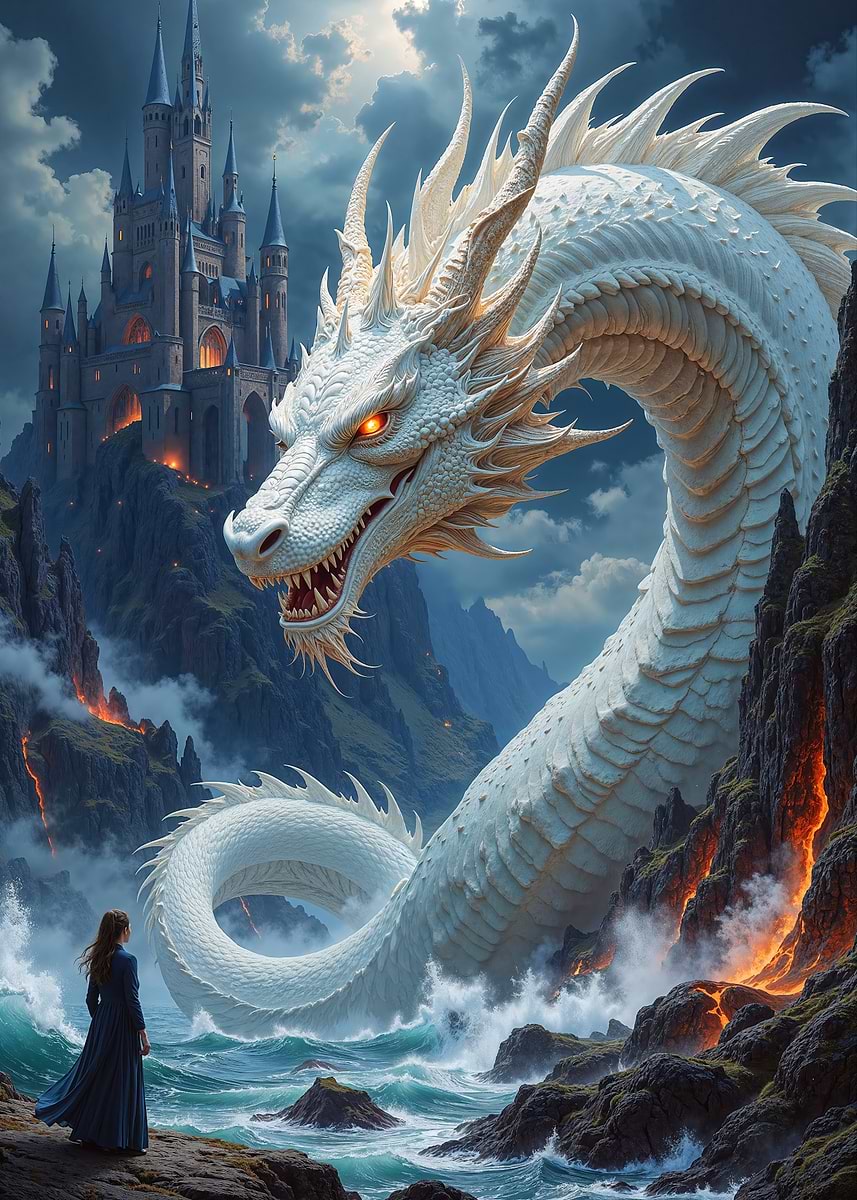 White Dragon confronting a woman near a castle' Poster, picture