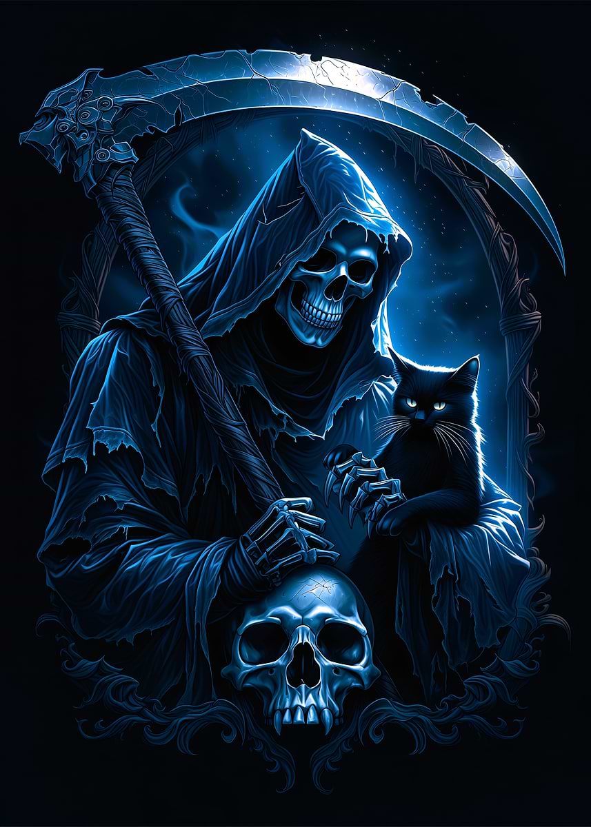 Grim Reaper and The Cat Poster, Picture & Metal Print – Gothic