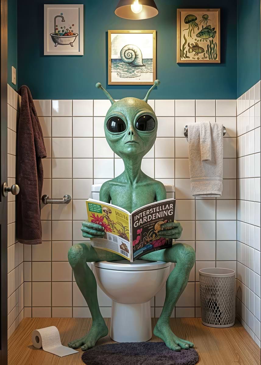 'Alien reading on the toilet' Poster, picture, metal print, paint by ...
