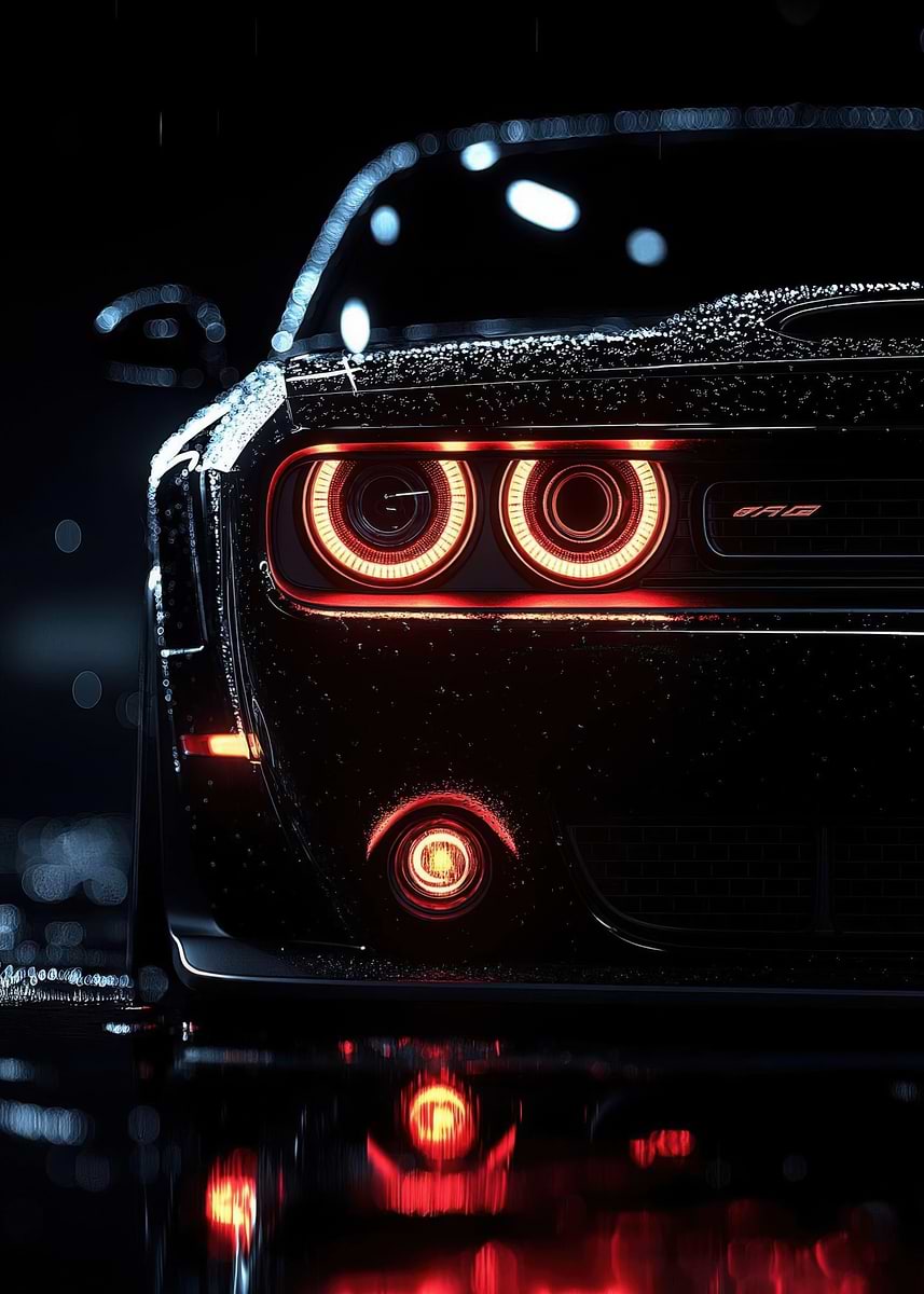 Black Dodge Challenger with Red Lights' Poster, picture, metal