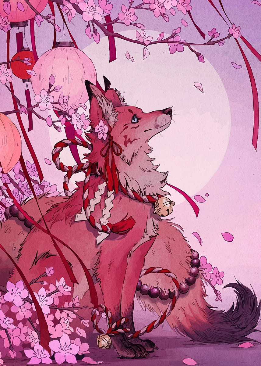 ステンドグラス　pink fox Pink Fox with Cherry Blossoms' Poster, picture, metal print, paint