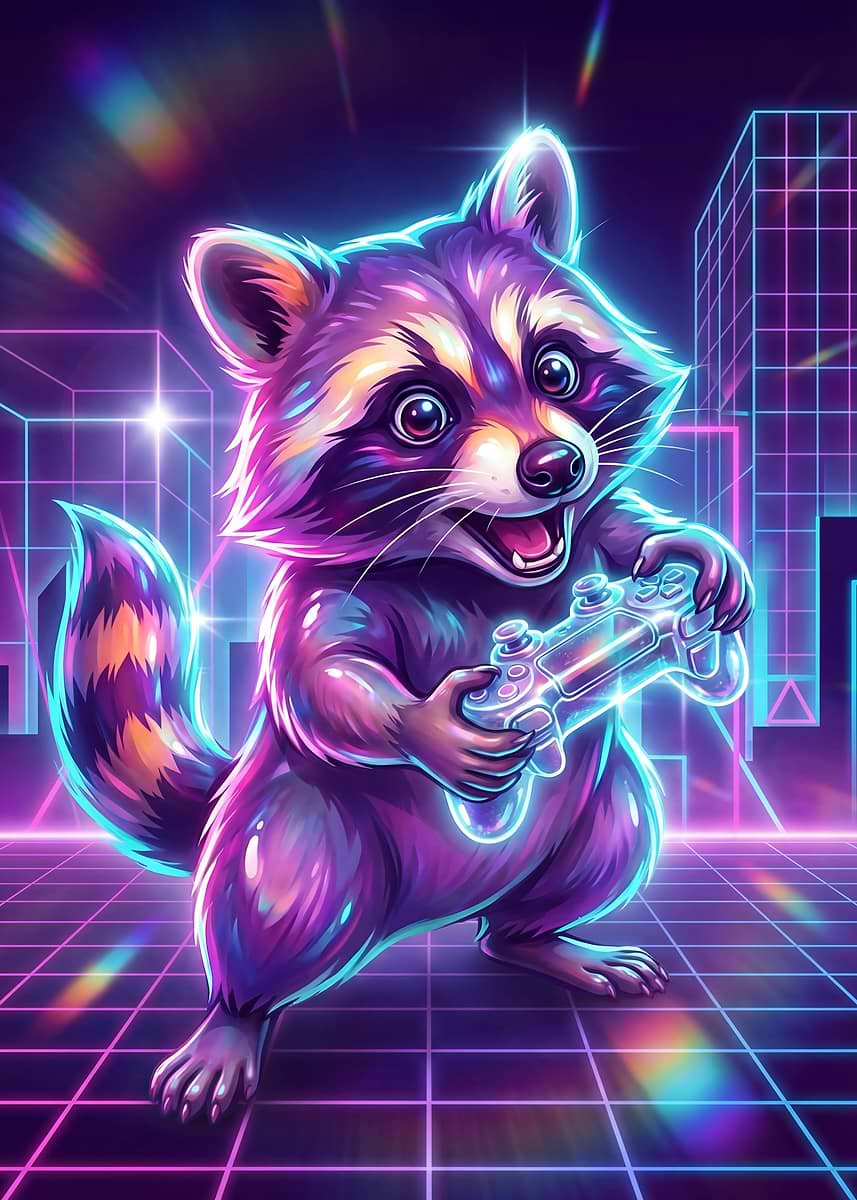 'Neon Raccoon Gamer' Poster, picture, metal print, paint by Daniel ...