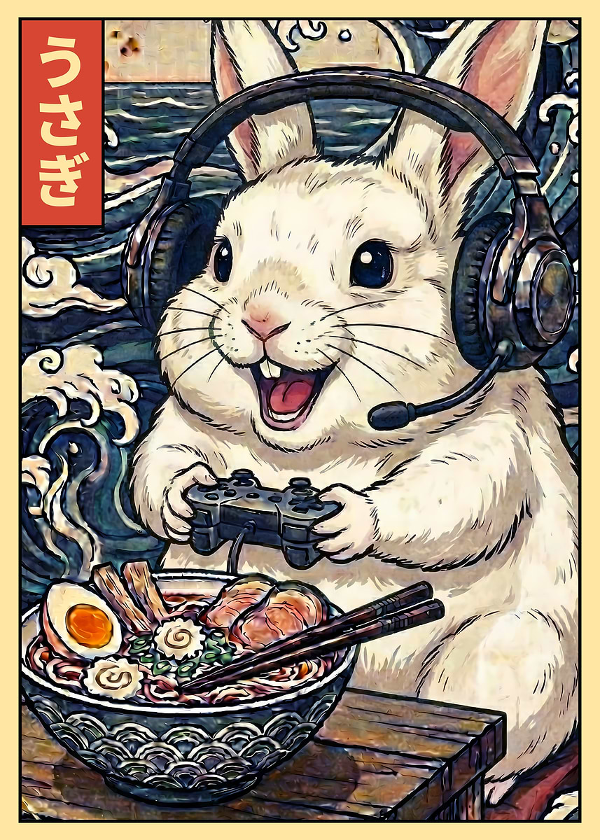 'Gamer Rabbit Eating Ramen' Poster, picture, metal print, paint by ...