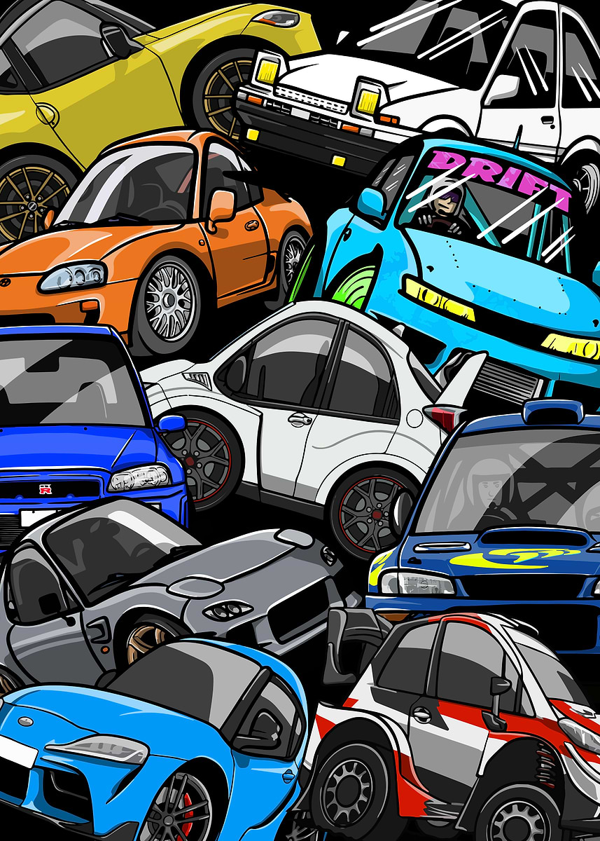 'JDM Cartoon Car Collection' Poster, picture, metal print, paint by ...