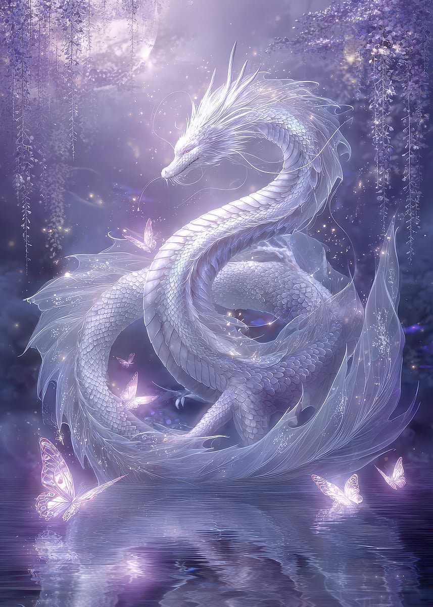 'Ethereal White Dragon with Butterflies' Poster, picture, metal print ...