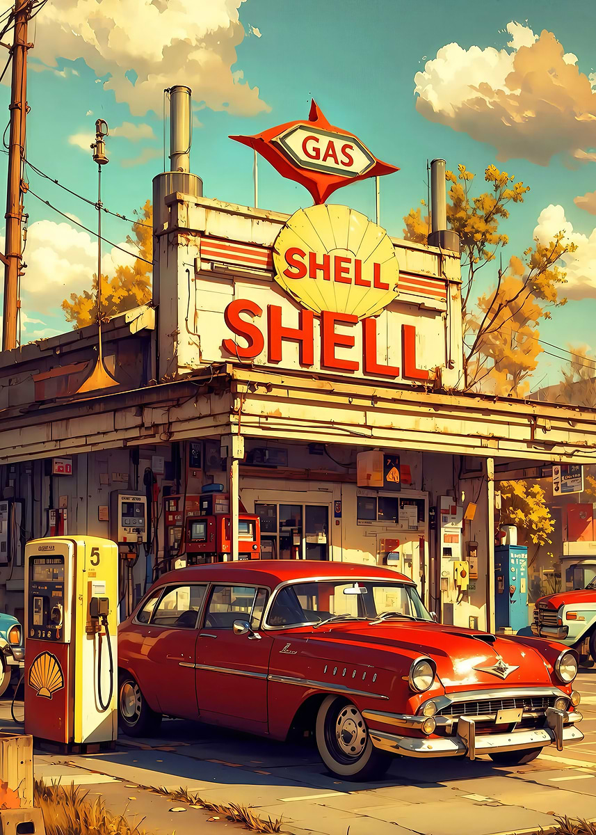Shell Car Poster 'Retro Shell Gas Station with Classic Car' Poster, picture, metal print ...