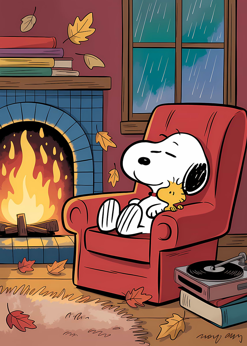 'Snoopy and Woodstock by the Fireplace' Poster, picture, metal print ...