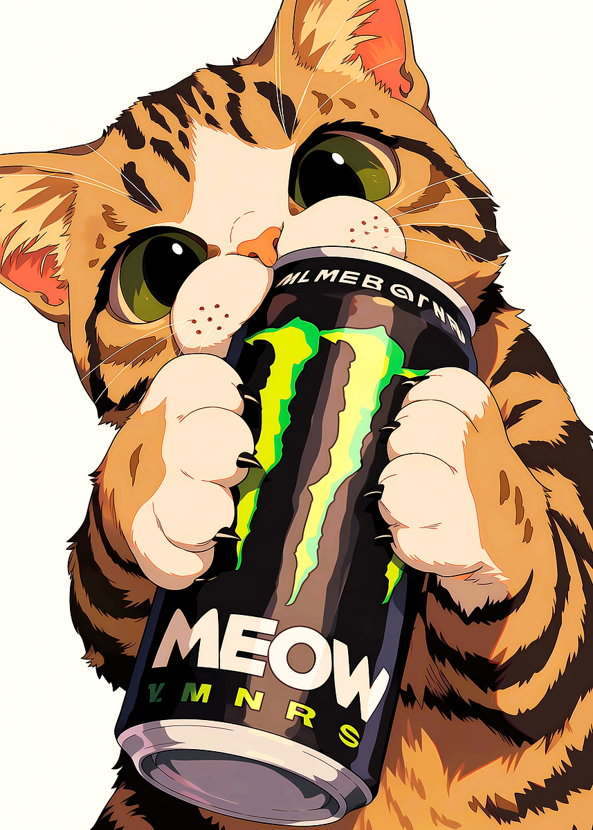 'Cat Holding Monster Energy Drink' Poster, picture, metal print, paint ...