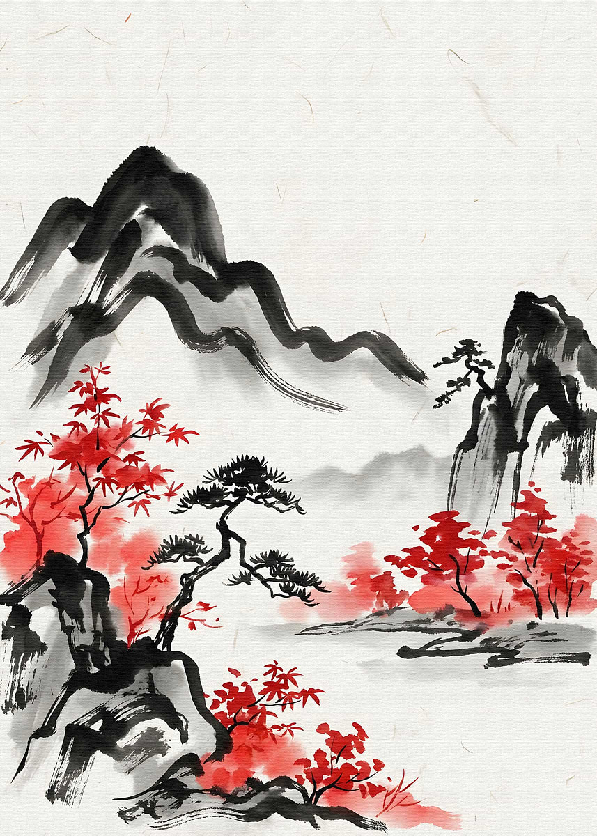 Japanese Ink Painting of Mountains and Trees' Poster, picture