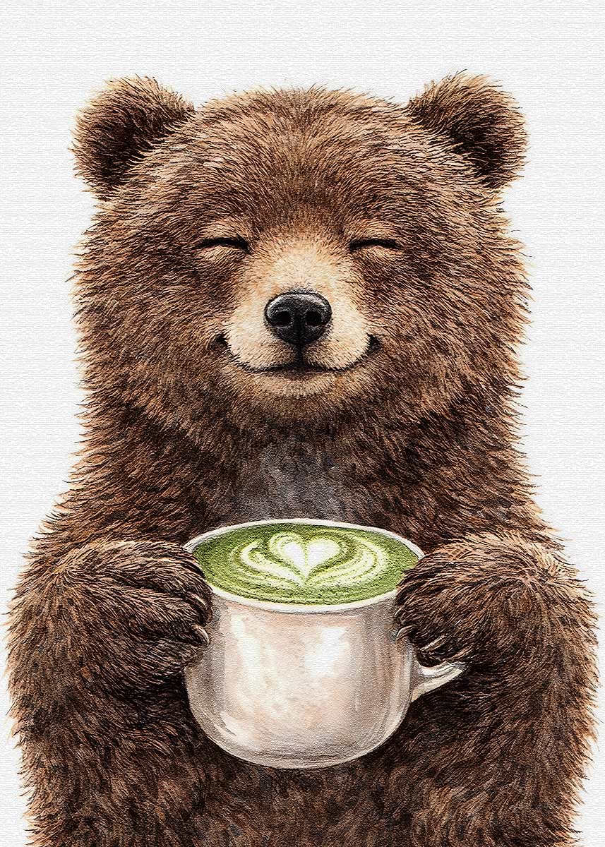 'Happy Bear with Matcha Latte' Poster, picture, metal print, paint by ...