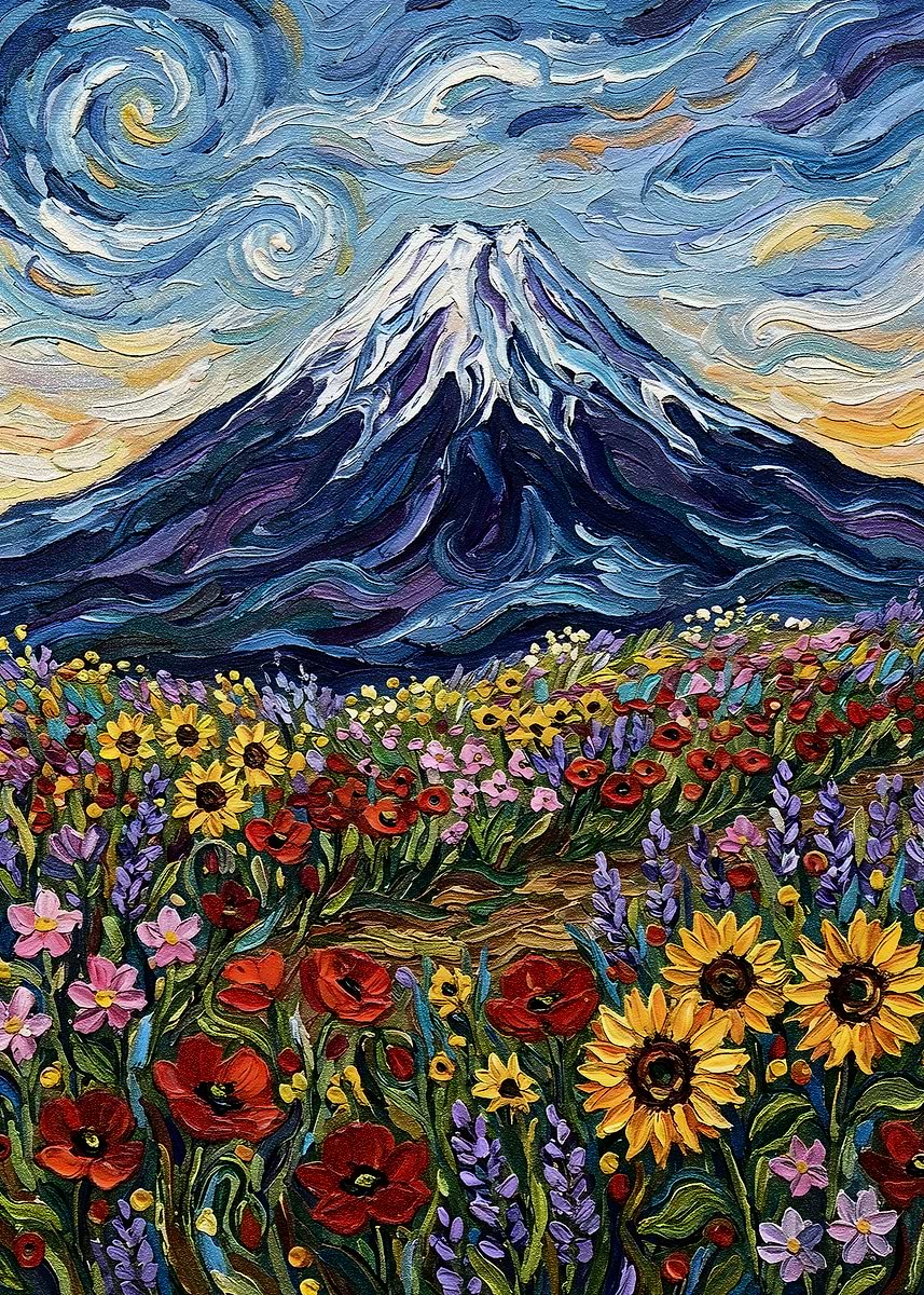Impressionist Mountain Landscape with Flowers' Poster, picture