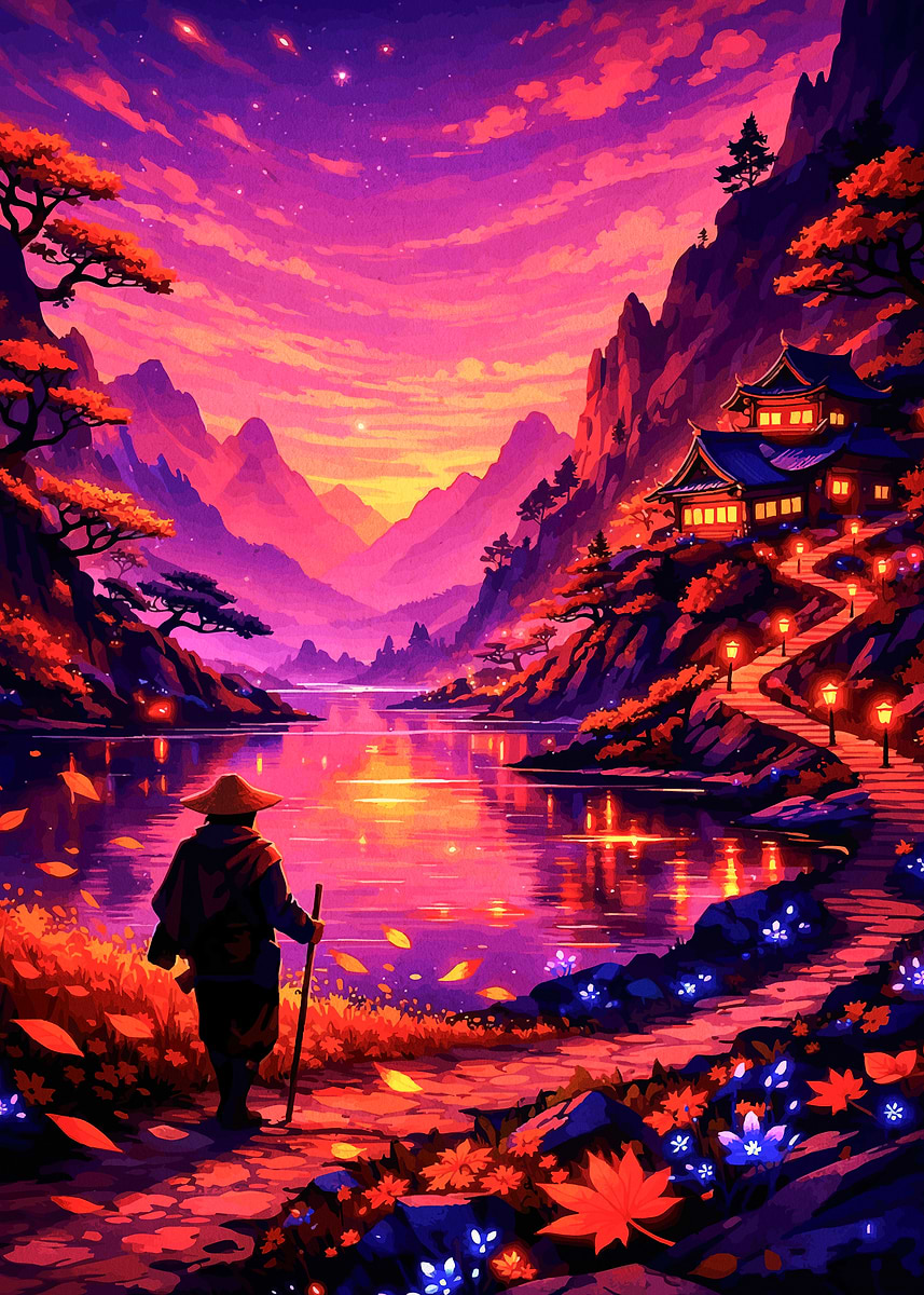 'Serene Japanese Landscape at Sunset' Poster, picture, metal print ...