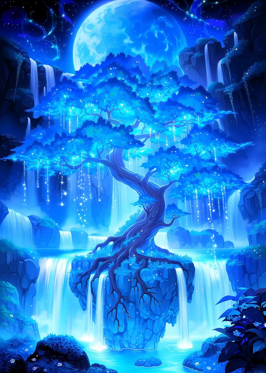 'Blue Tree Waterfall' Poster, picture, metal print, paint by PERMADI ...