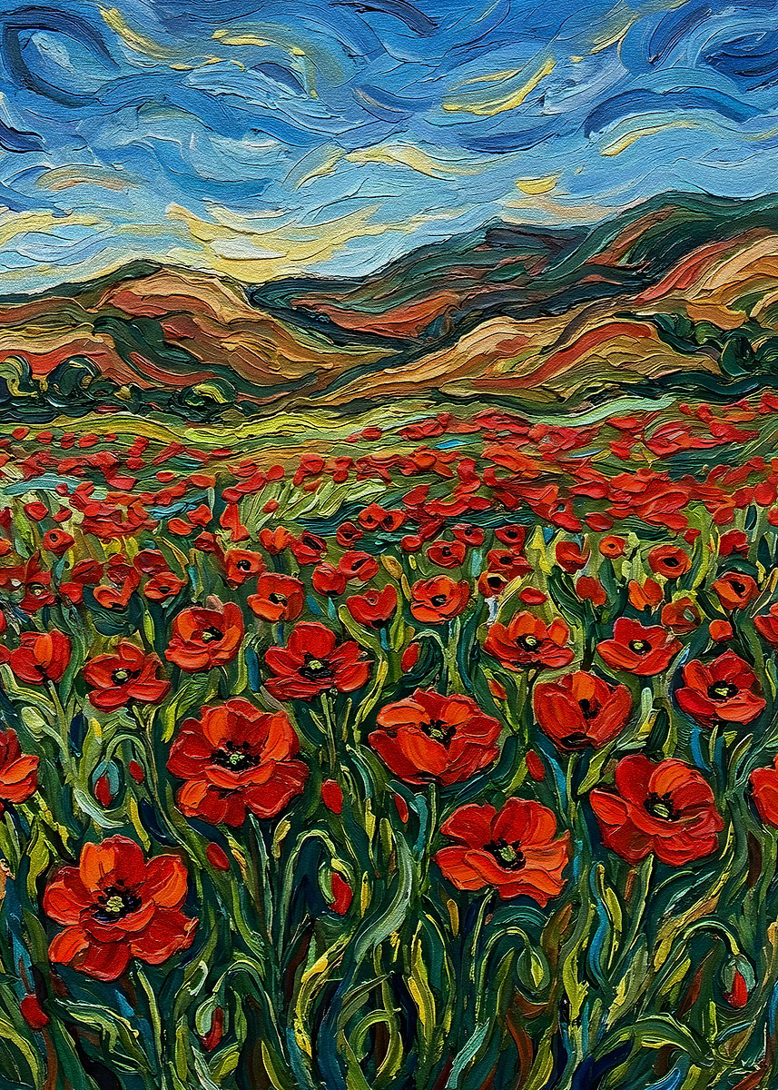 'Field of Poppies Under a Swirling Sky' Poster, picture, metal print ...