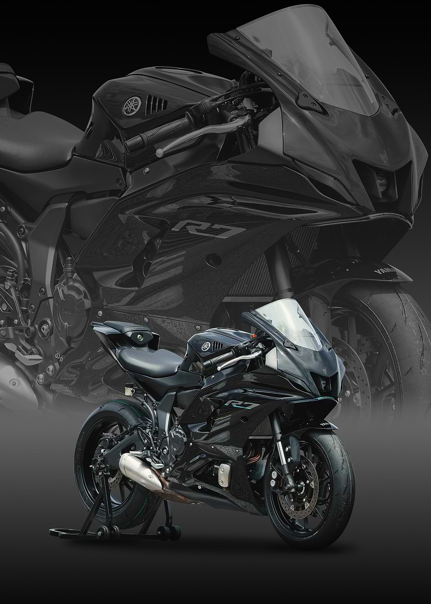 Black R7 Multi Coloured Rider 'Black Yamaha R7 Motorcycle' Poster, picture, metal print, paint by ...