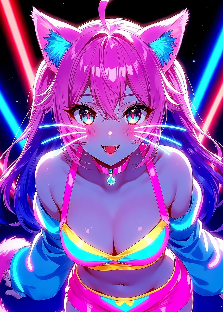 Anime Cat Girl in Neon Lights' Poster, picture, metal print, paint