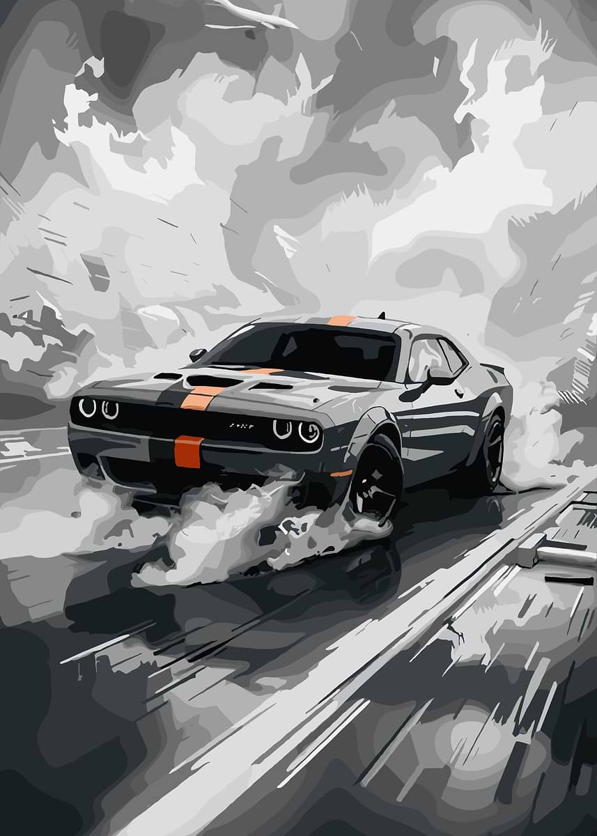 Dodge Challenger Drifting with Smoke' Poster, picture, metal print