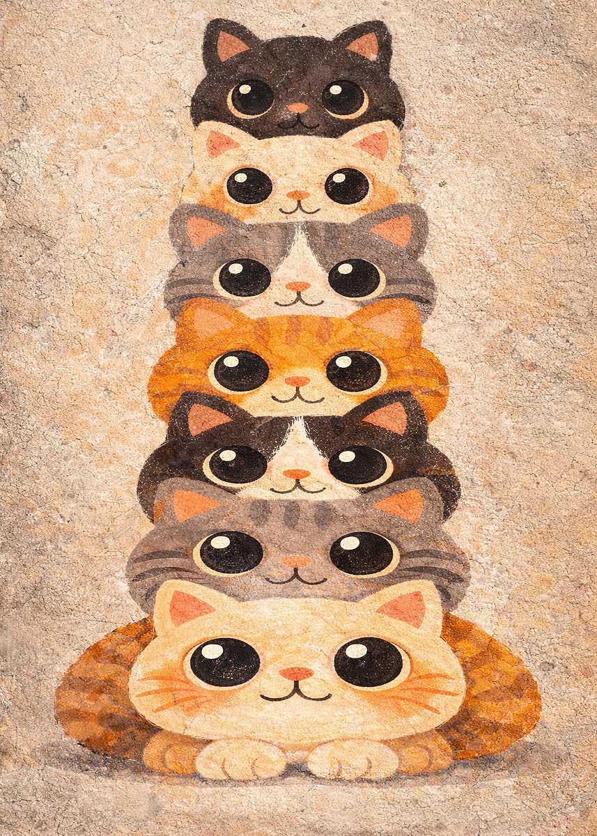 'Stack of Cute Cartoon Cats' Poster, picture, metal print, paint by Ken ...
